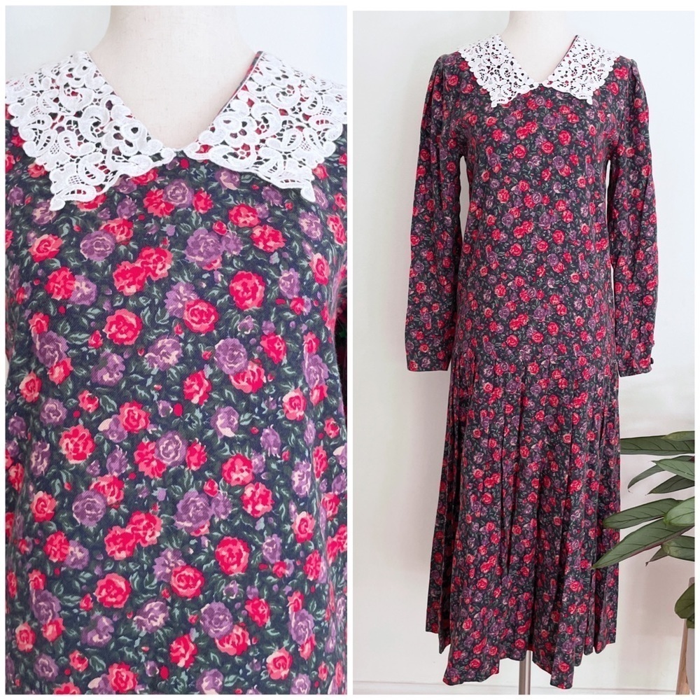 EUC Vintage Laura Ashley Crochet Collar Floral Roses Cottagecore Midi Dress‌